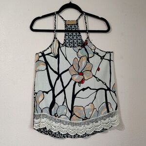 Anthropology Language Stain Glass Formal Print Lace Hem Spaghetti Straps Size M